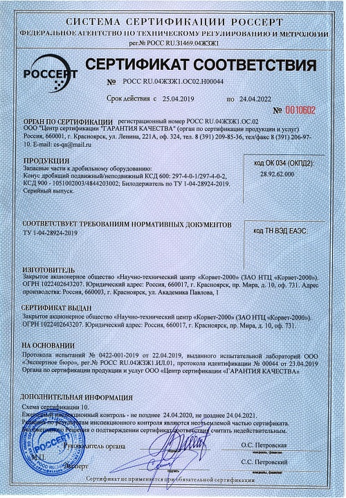Сертификат соответствия на запасные части к дробильному оборудованию